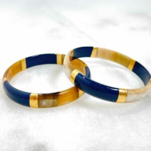 Bracelet jonc Bleu et feuilles d'or en corne véritable - 1,2 cm