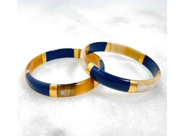 Bracelet jonc Bleu et feuilles d'or en corne véritable - 1,2 cm