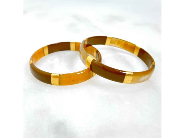 Bracelet jonc Marron et feuilles d'or en corne véritable - 1,2 cm