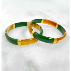 Bracelet jonc Vert et feuilles d'or en corne véritable - 1,2 cm