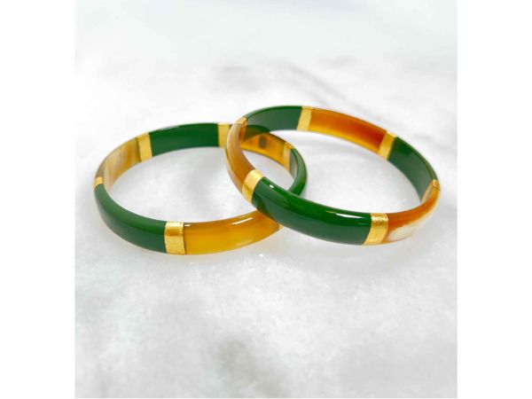 Bracelet jonc Vert et feuilles d'or en corne véritable - 1,2 cm