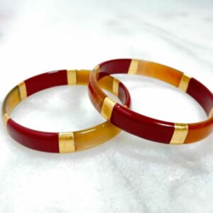 Bracelet jonc Bordeaux et feuilles d'or en corne véritable - 1,2 cm