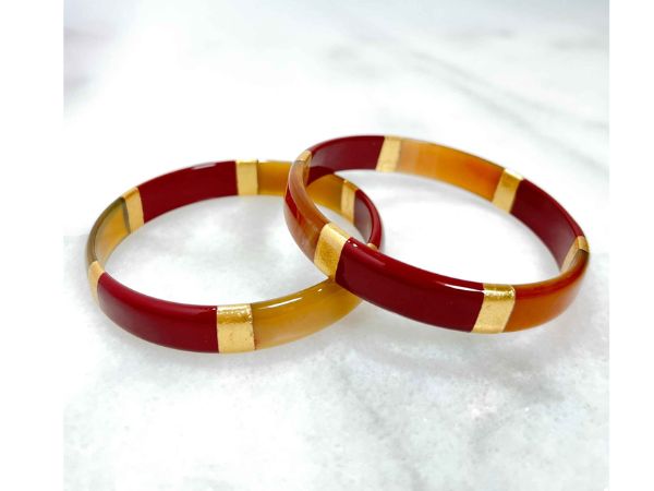 Bracelet jonc Bordeaux et feuilles d'or en corne véritable - 1,2 cm